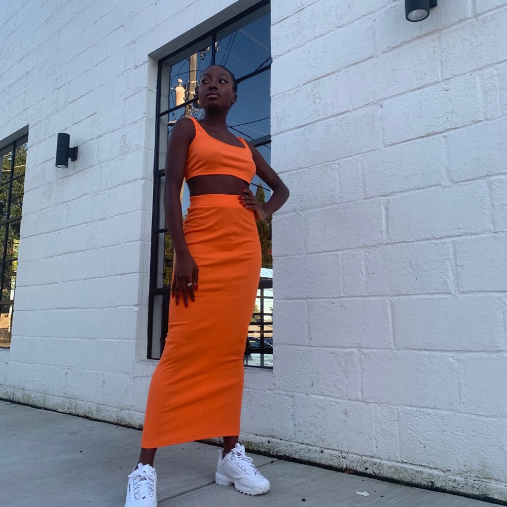 Orange two-piece skirt set